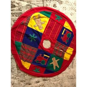 Vintage Red Christmas Tree‎ Skirt Wool Blend Appliqued Embroidered Holiday Decor